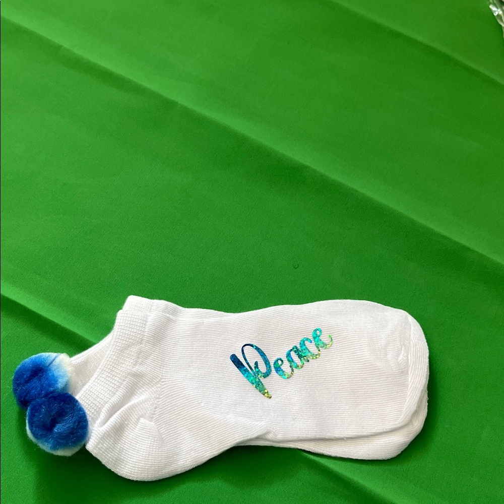 White Custom Ankle Socks with Blue Pom Poms